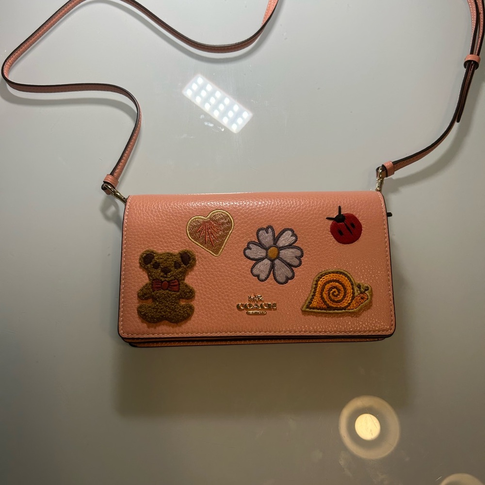 Coach Pink Leather Crossbody Wallet with Embroidered Patch Motifs